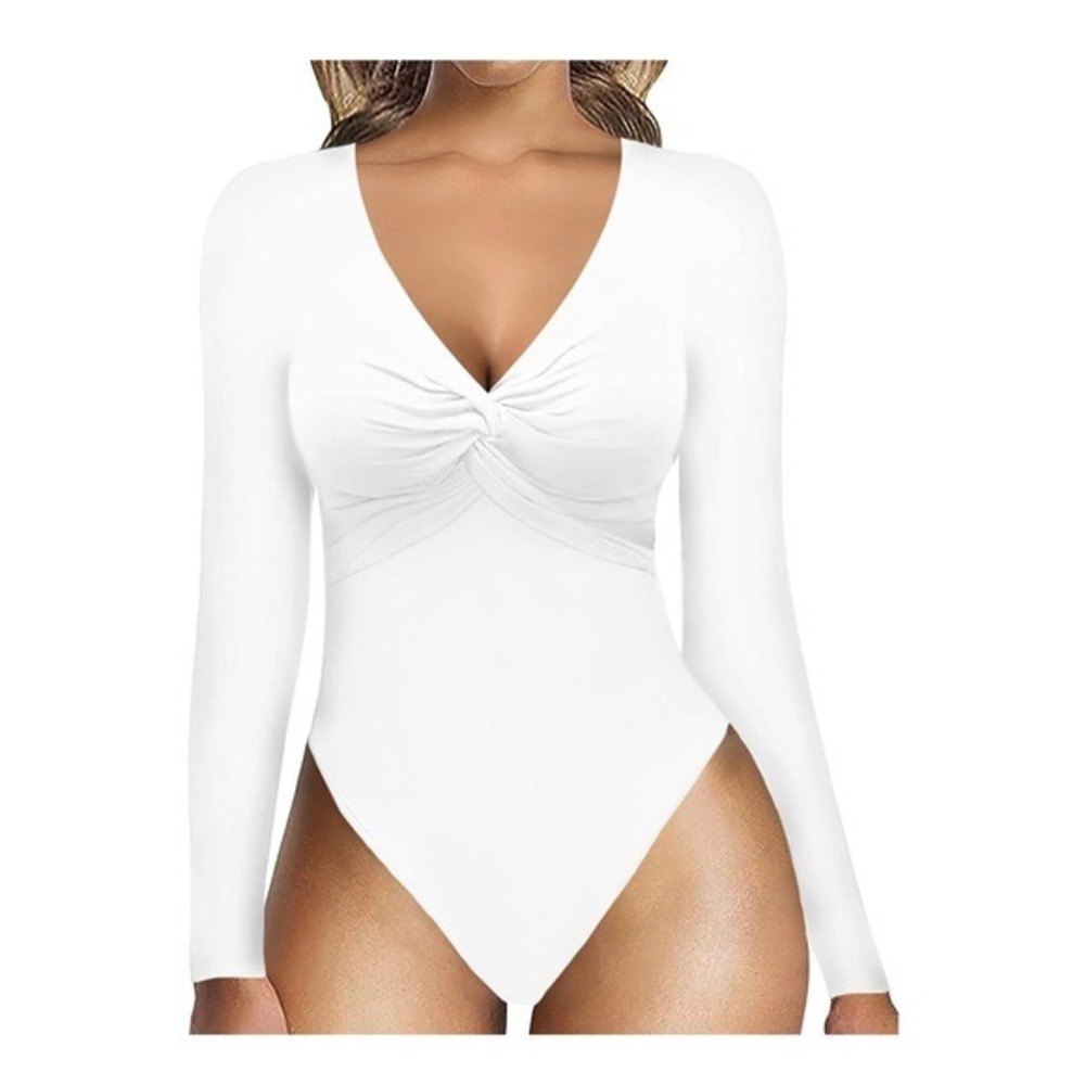 MANGOPOP Womens White Twist Front Deep V Neck Long Sleeve Bodysuit Medium NWT